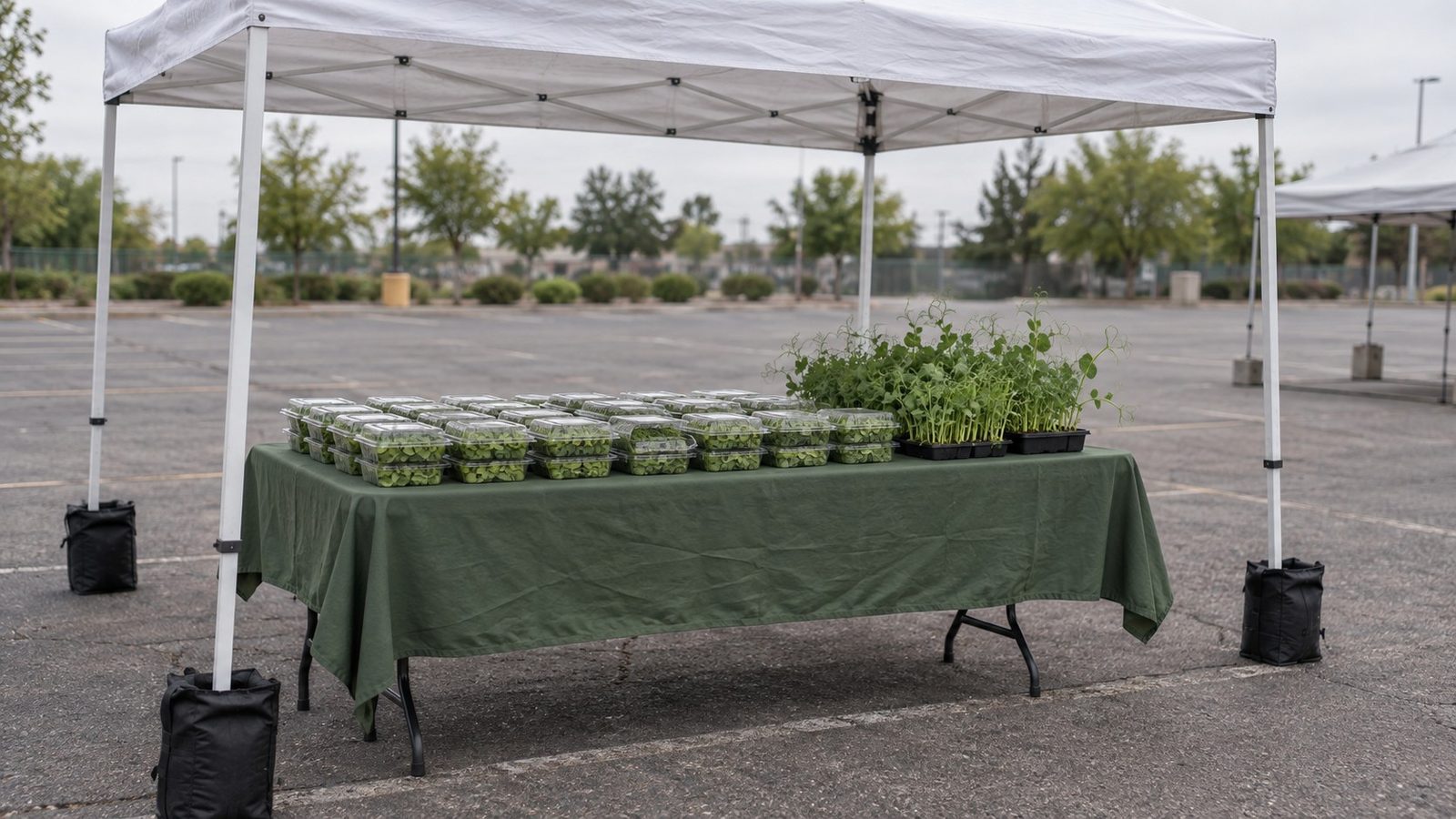 Farmers market stall under a plain white pop up canopy with a cloth covered folding table holding rows of clear clamshells of microgreens and small living trays of pea shoots, each canopy leg weighted with a plain bag