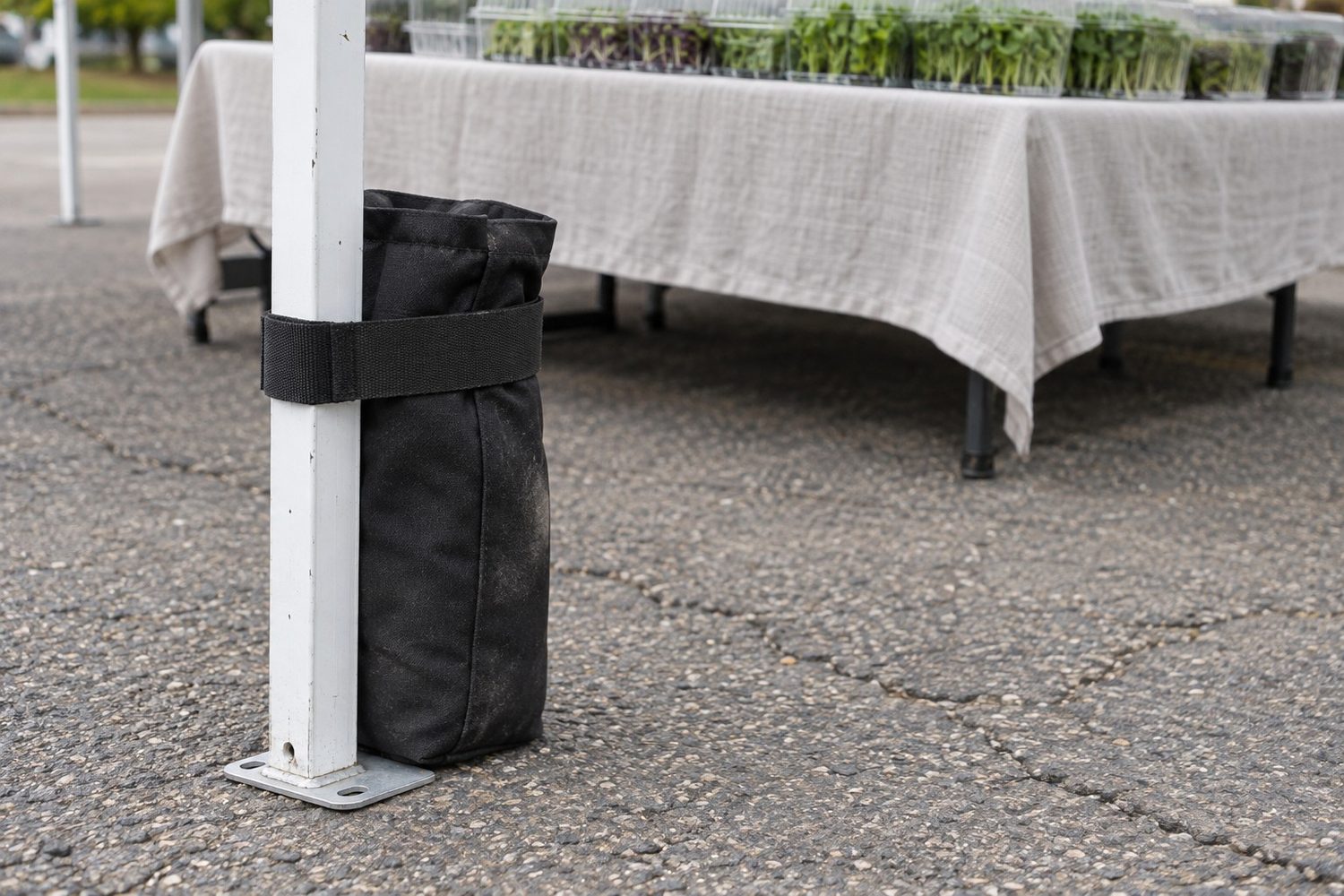 White metal leg of a market canopy standing on pavement with a plain black weight bag strapped to its base, the edge of a table of microgreens behind it