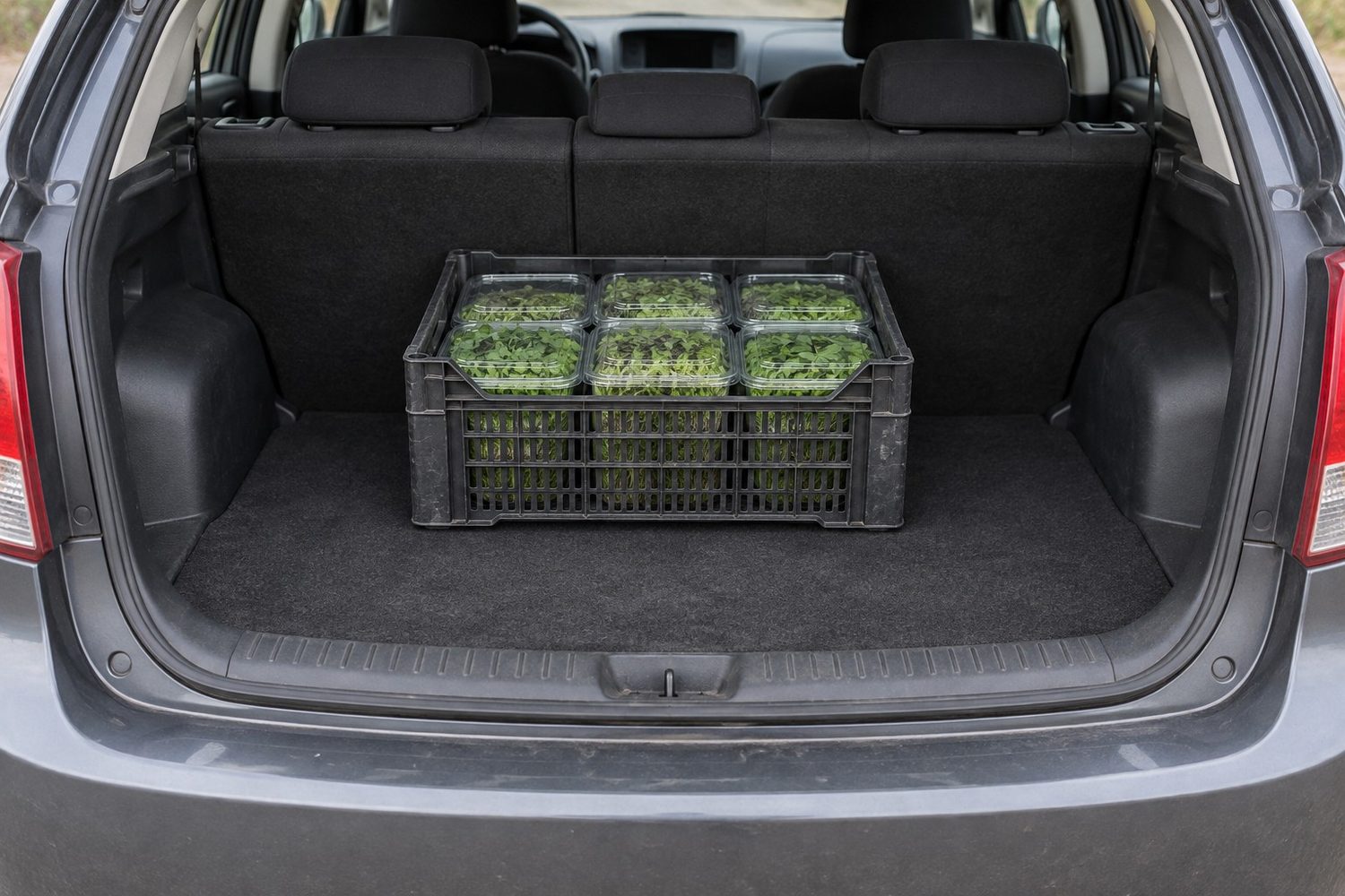 Plastic produce crate of closed clear clamshells of microgreens sitting on the cargo floor of a parked car with its hatchback open