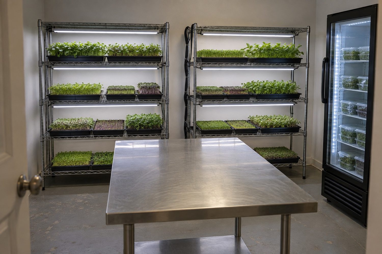 Small home grow room with two wire racks of microgreen trays under LED shop lights, a stainless steel harvest table and a glass door refrigerator holding clamshells