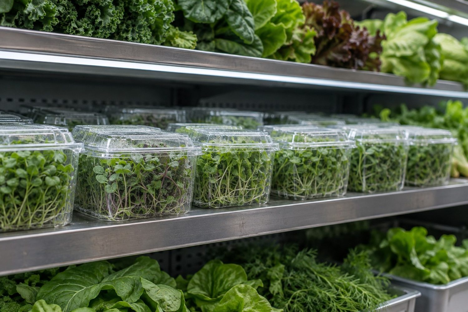 Refrigerated produce cooler shelf in a small grocery store stocked with neat rows of clear plastic clamshells filled with green microgreens