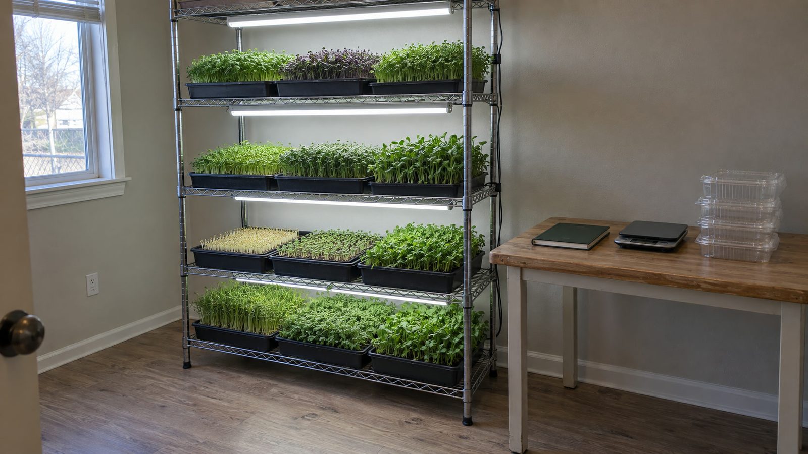 Spare bedroom with a four shelf chrome wire rack of black microgreen trays under slim LED lights, beside a small table holding a closed notebook, a compact scale with a dark display and stacked empty clamshells