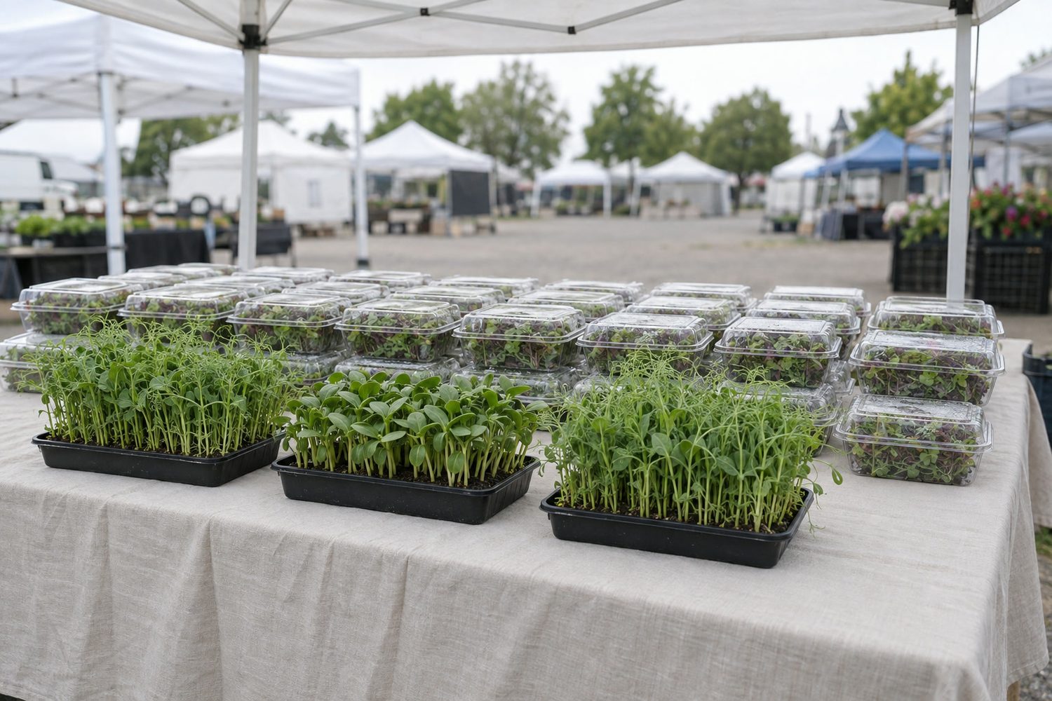 Farmers market table under a plain white canopy with neat rows of clear clamshells of microgreens and three small living trays of pea shoots and sunflower greens