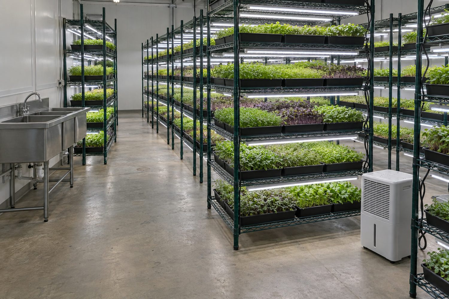 Grow room with several tall epoxy coated wire racks full of microgreen trays under LED lights, a stainless steel three compartment sink against the wall and a white dehumidifier on the floor