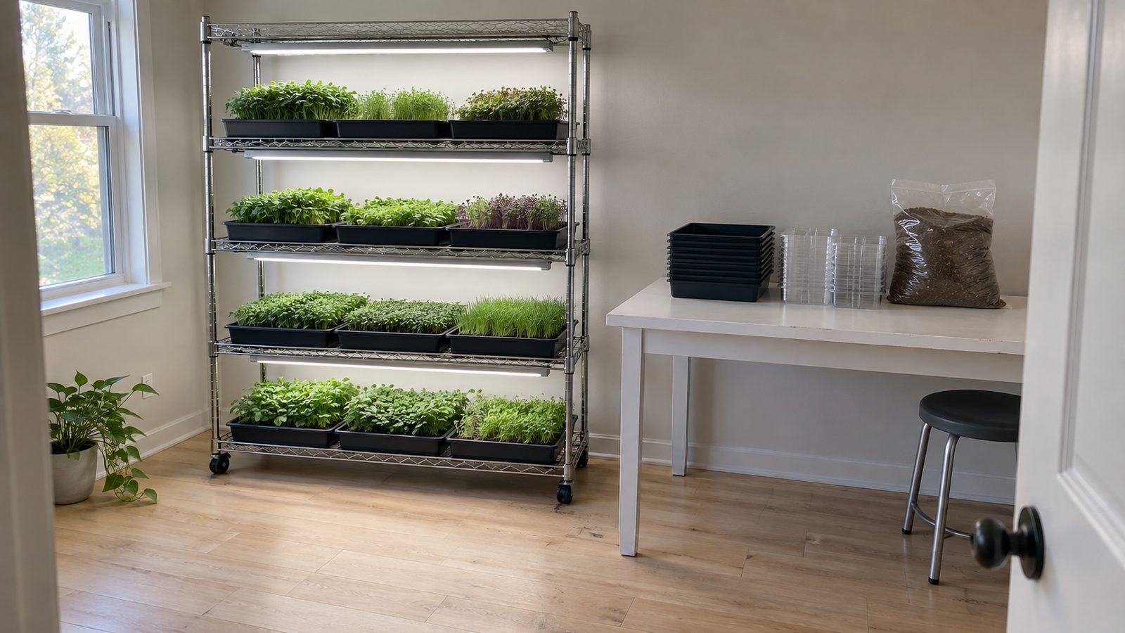 Clean spare room with one wire shelving rack of green microgreen trays under slim LED lights beside a plain work table holding stacked empty black trays, stacked empty clear clamshells and a plain bag of growing mix