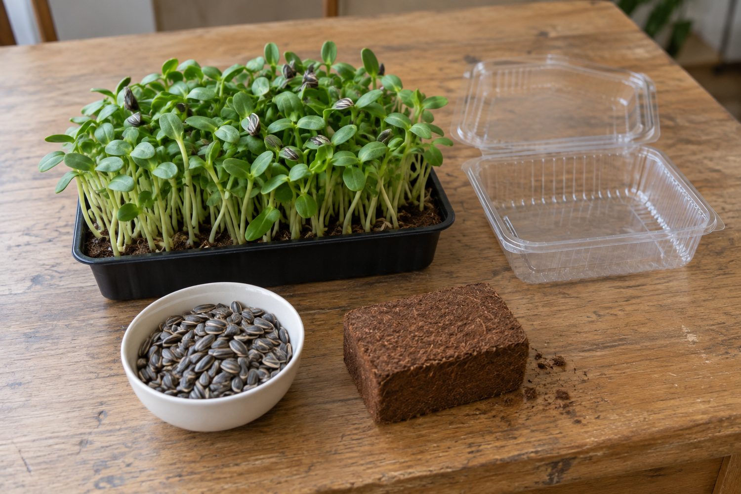 Tray of sunflower microgreens on a work table beside a bowl of striped sunflower seed, a block of coco coir growing mix and one empty clear clamshell