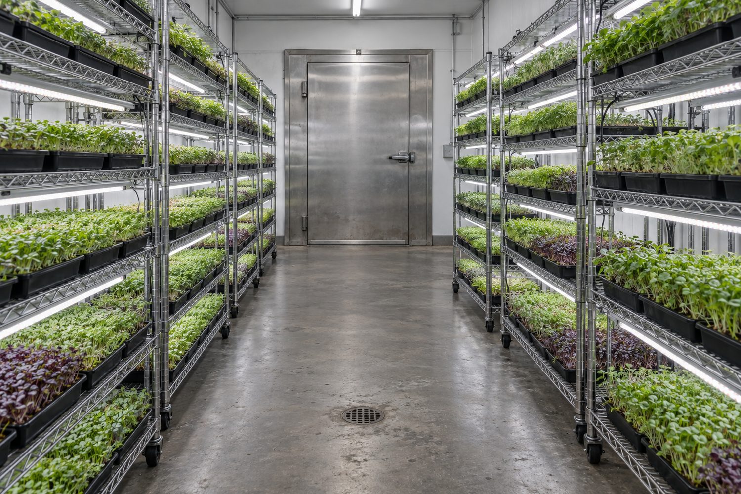 Small commercial microgreens grow room with several tall racks of trays under LED lights, a sealed concrete floor with a drain, and a closed stainless walk in cooler door at the far end