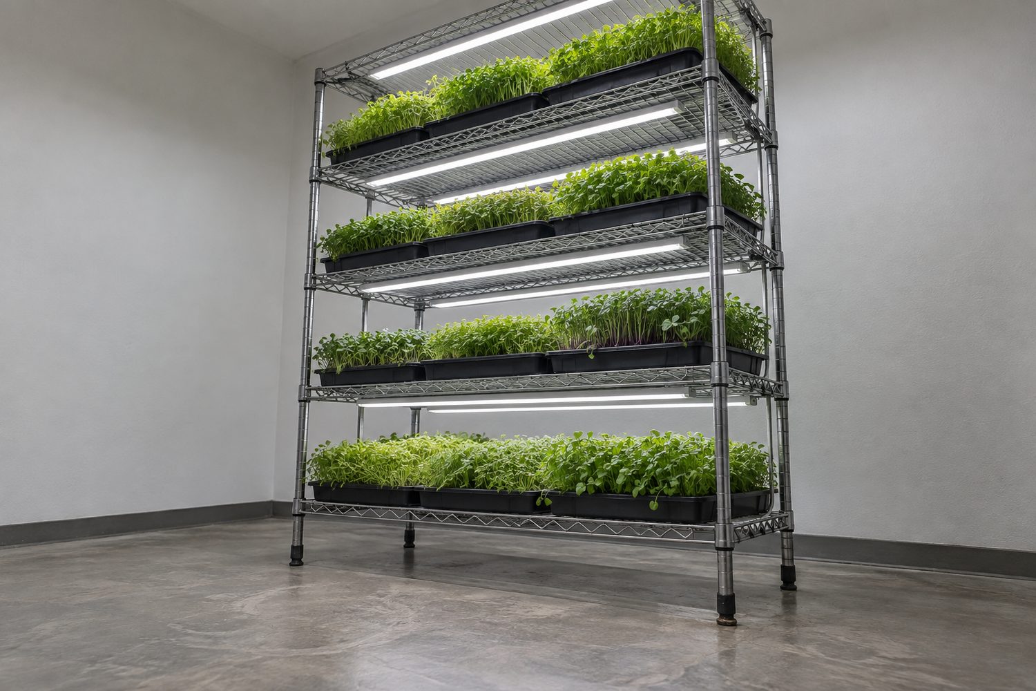 Tall five level metal wire rack filled with rows of black trays of microgreens, each level lit by its own LED light bars, standing on a sealed concrete floor in a clean grow room