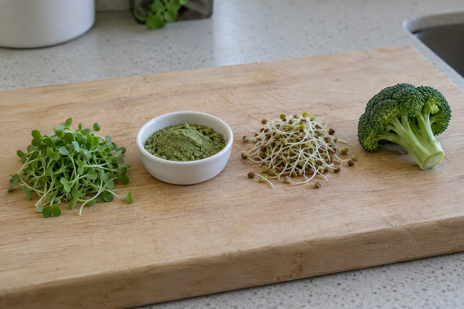 Pale wooden board with four foods in a row: a small heap of broccoli microgreens, a white dish of fine green powder, a pile of radish sprouts with seeds and roots, and one broccoli floret