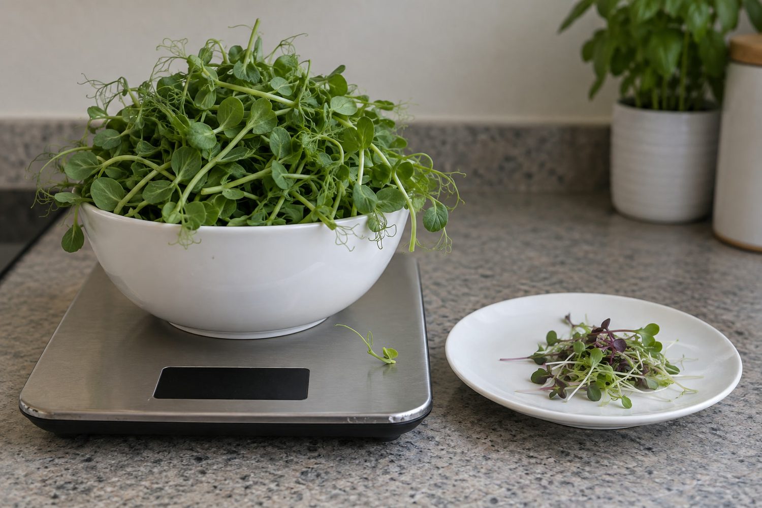 Bowl heaped with pea shoots on a flat digital kitchen scale with a dark display, beside a small plate holding a light pinch of mixed microgreens