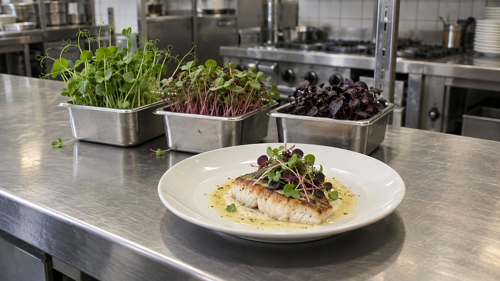 Stainless restaurant kitchen pass with small steel containers of pea shoots, pink stemmed radish microgreens and dark purple basil microgreens beside a plated dish topped with a small pinch of microgreens
