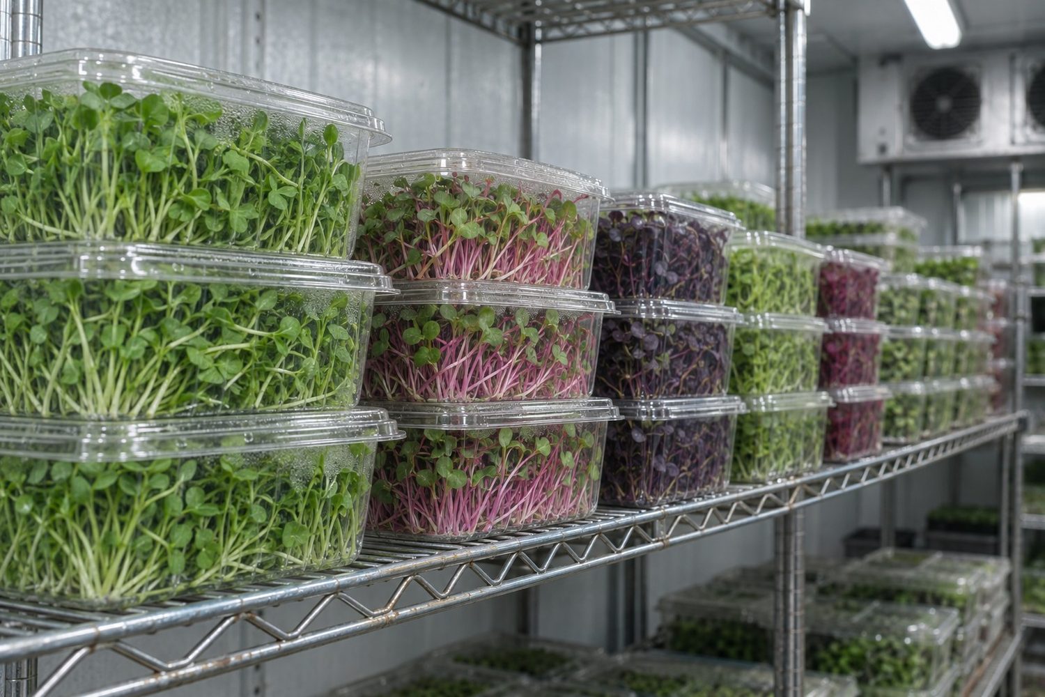 Wire shelf in a walk in cooler stacked with rows of clear plastic clamshells holding microgreens in green, pink, purple and red shades