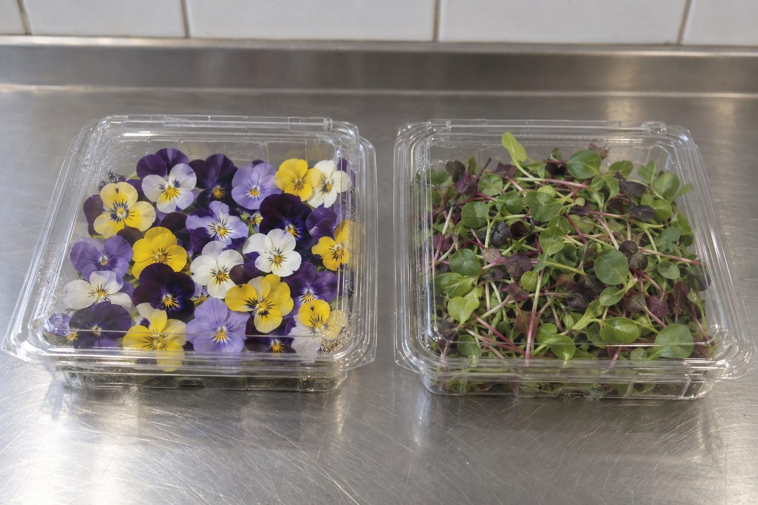 Clear clamshell of small five petaled viola flowers in purple, yellow and white next to a clear clamshell of mixed microgreens on a stainless prep counter