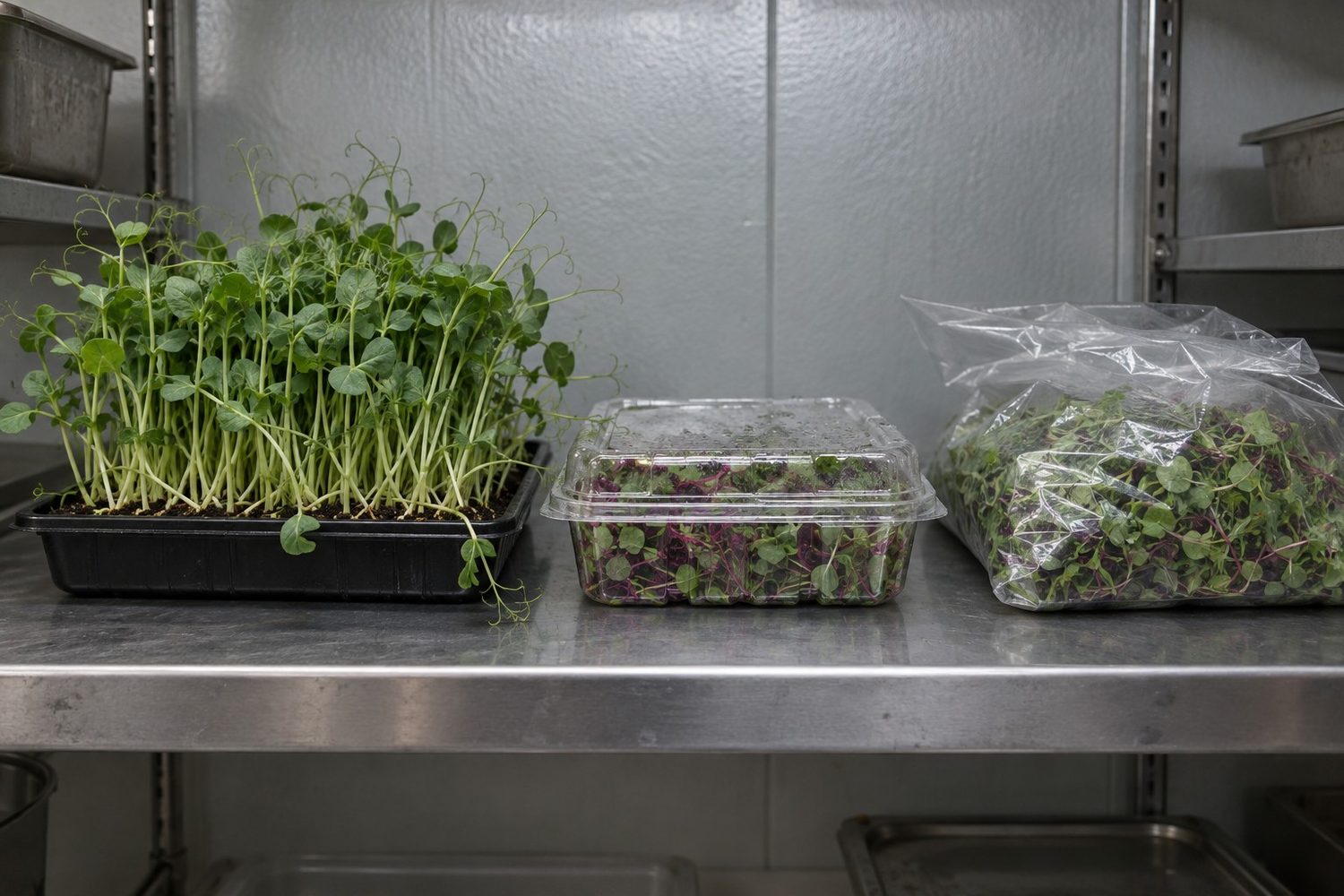 Stainless shelf in a restaurant walk in cooler holding a living tray of pea shoots with tendrils, a clear clamshell of cut microgreen mix and a larger plain bag of loose cut microgreens