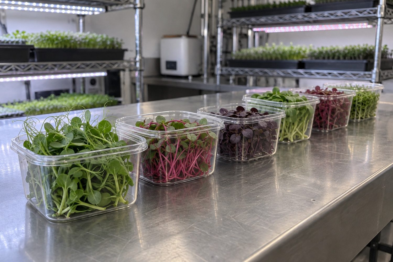 Row of small clear containers on a stainless harvest table, each holding a different microgreen such as pea shoots, pink stemmed radish, purple basil, sunflower and red amaranth