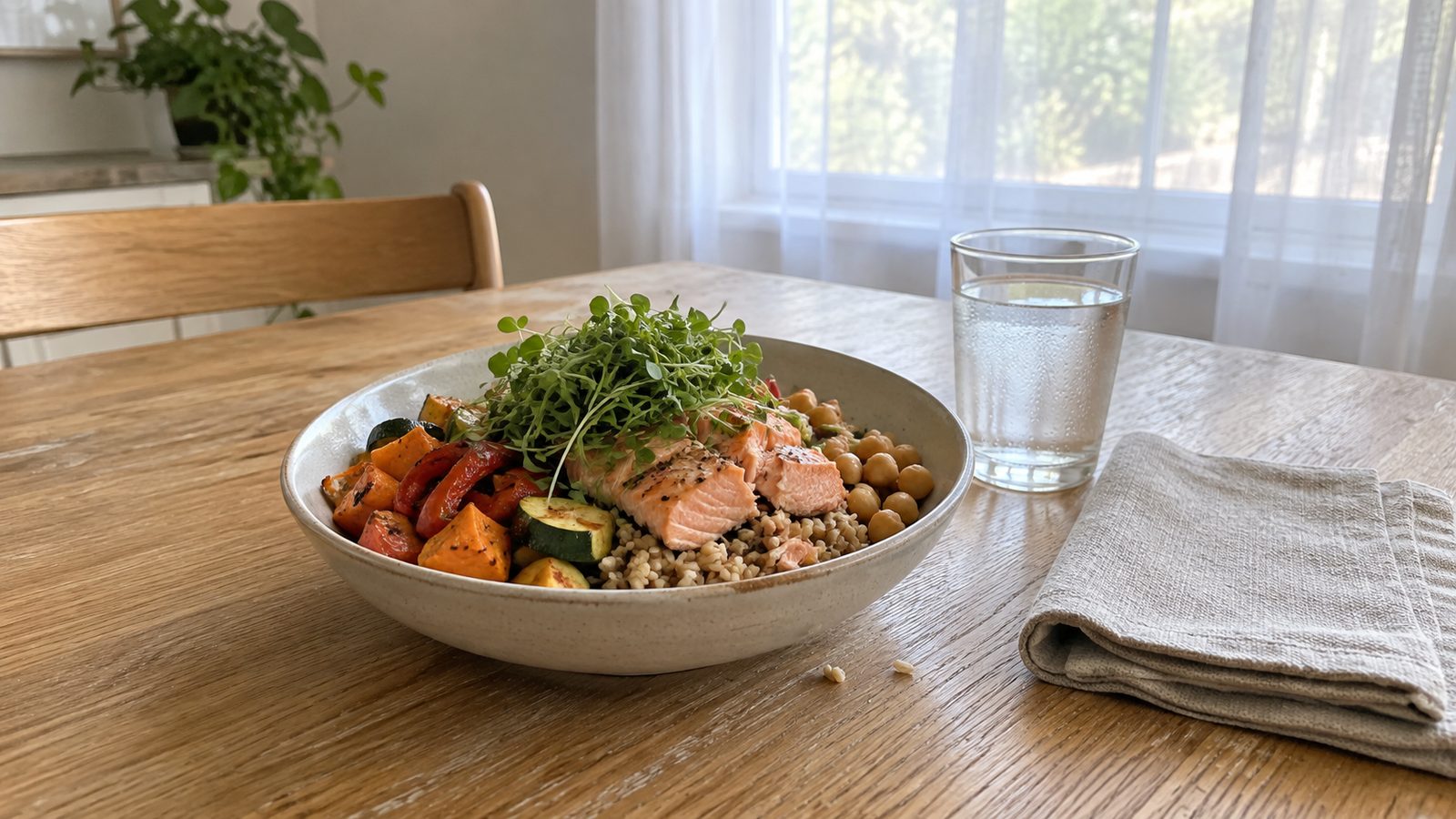 Bright kitchen table set for lunch with a whole grain bowl of roasted vegetables, chickpeas and cooked salmon topped with fresh green microgreens, a glass of water and a folded linen napkin
