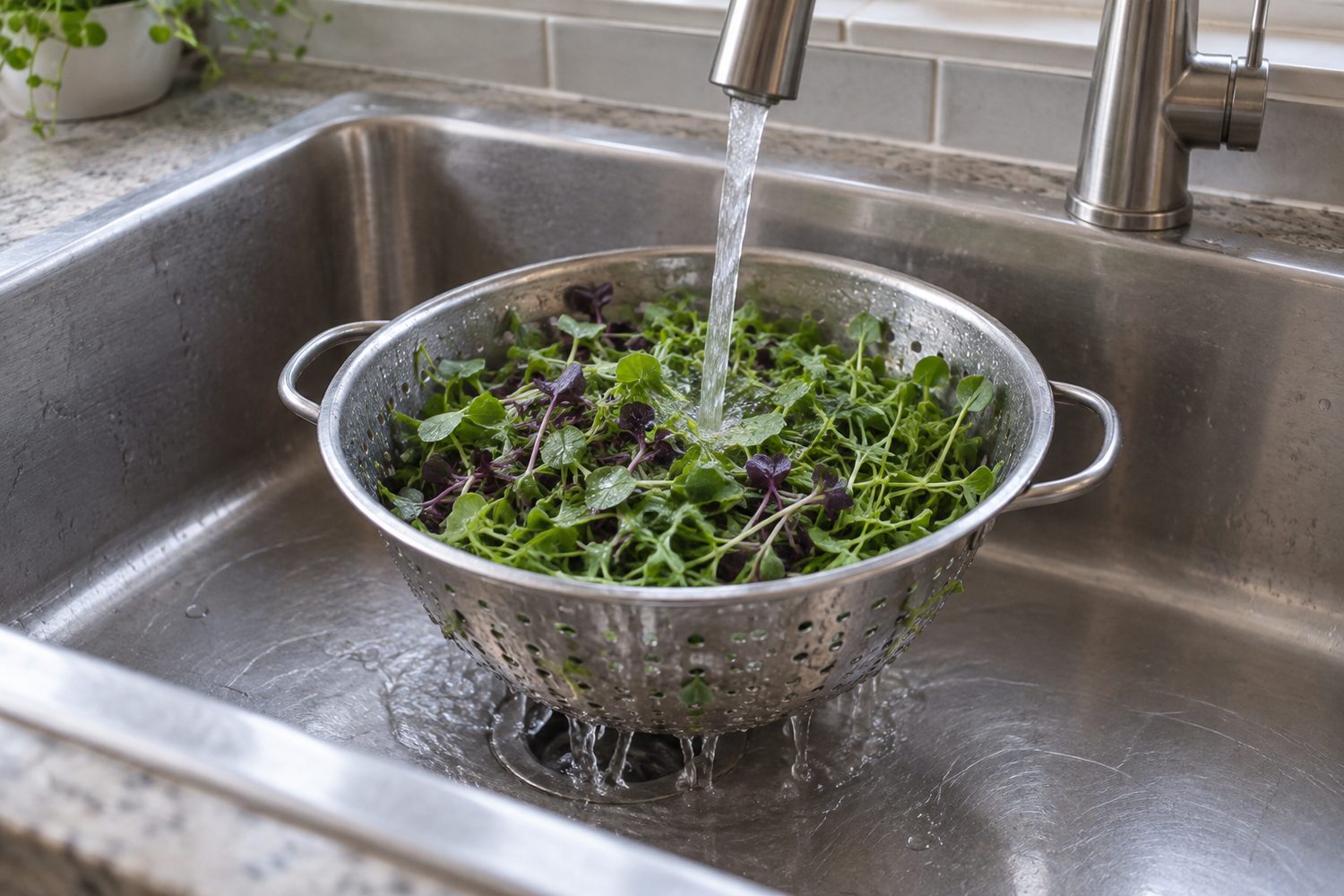 Metal colander of mixed microgreens sitting in a clean stainless kitchen sink under a thin stream of cold water from the faucet