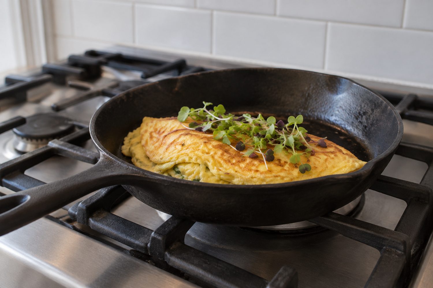 Cooked folded omelet in a cast iron skillet on a stovetop topped with a small scatter of fresh green microgreens