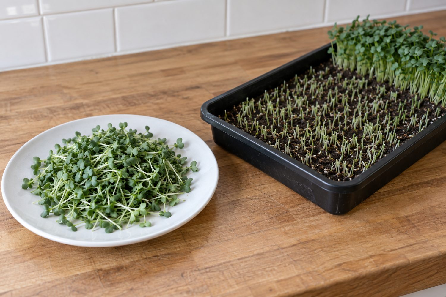 White plate of freshly cut green broccoli microgreens beside the shallow growing tray they came from, showing neat cut stubble above dark growing mix, on a kitchen counter