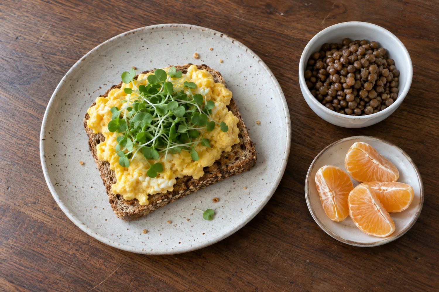 Plate of scrambled eggs on whole grain toast topped with a small pile of microgreens beside a small bowl of cooked lentils and a few orange segments on a wooden kitchen table