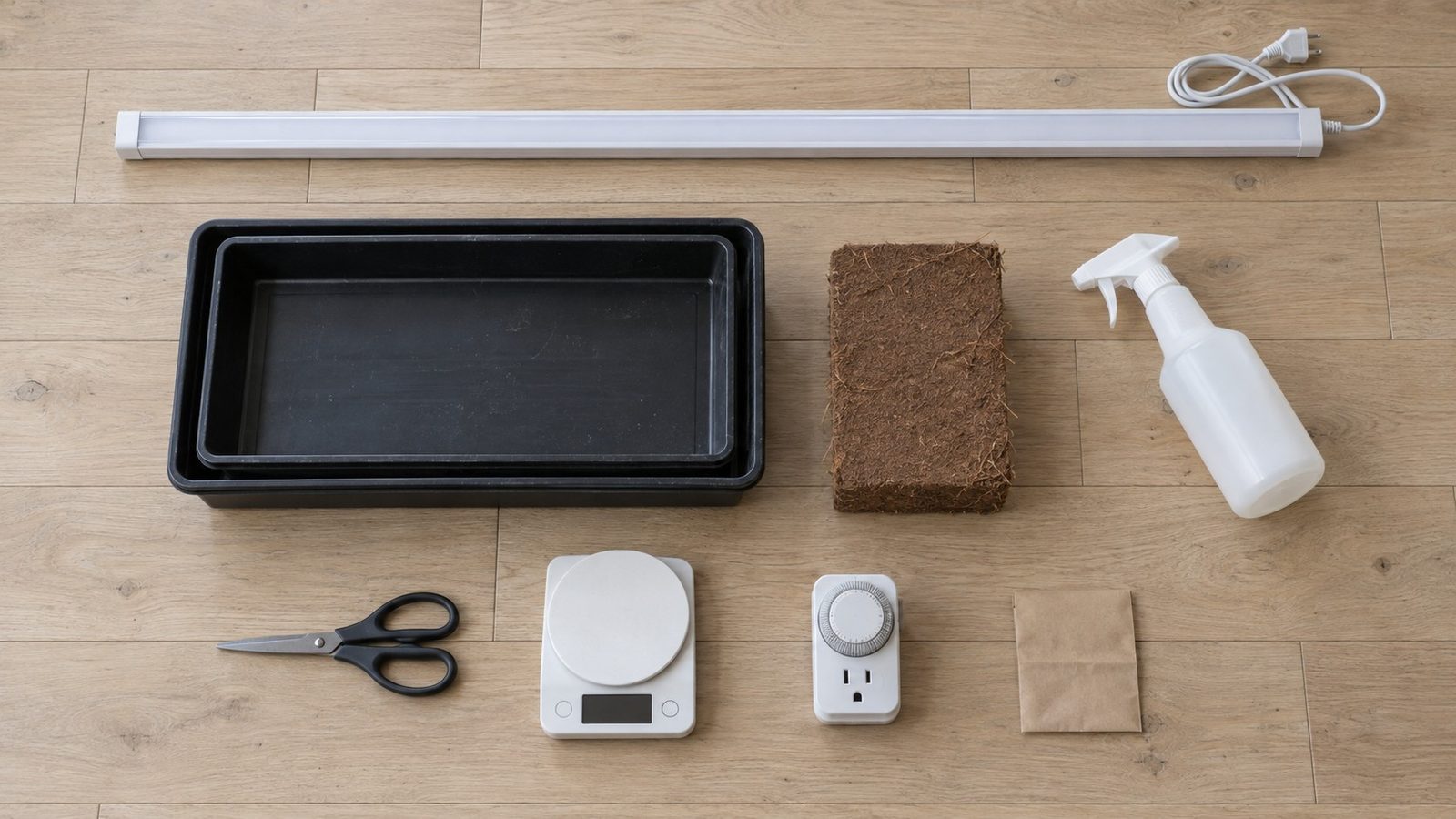 Top down view of microgreen starter equipment in tidy rows on a pale wooden floor: two nested black shallow trays, a compressed coco coir brick, a plain spray bottle, kitchen scissors, a small kitchen scale with a dark display, a slim LED shop light, a plug in outlet timer and a small plain paper seed bag