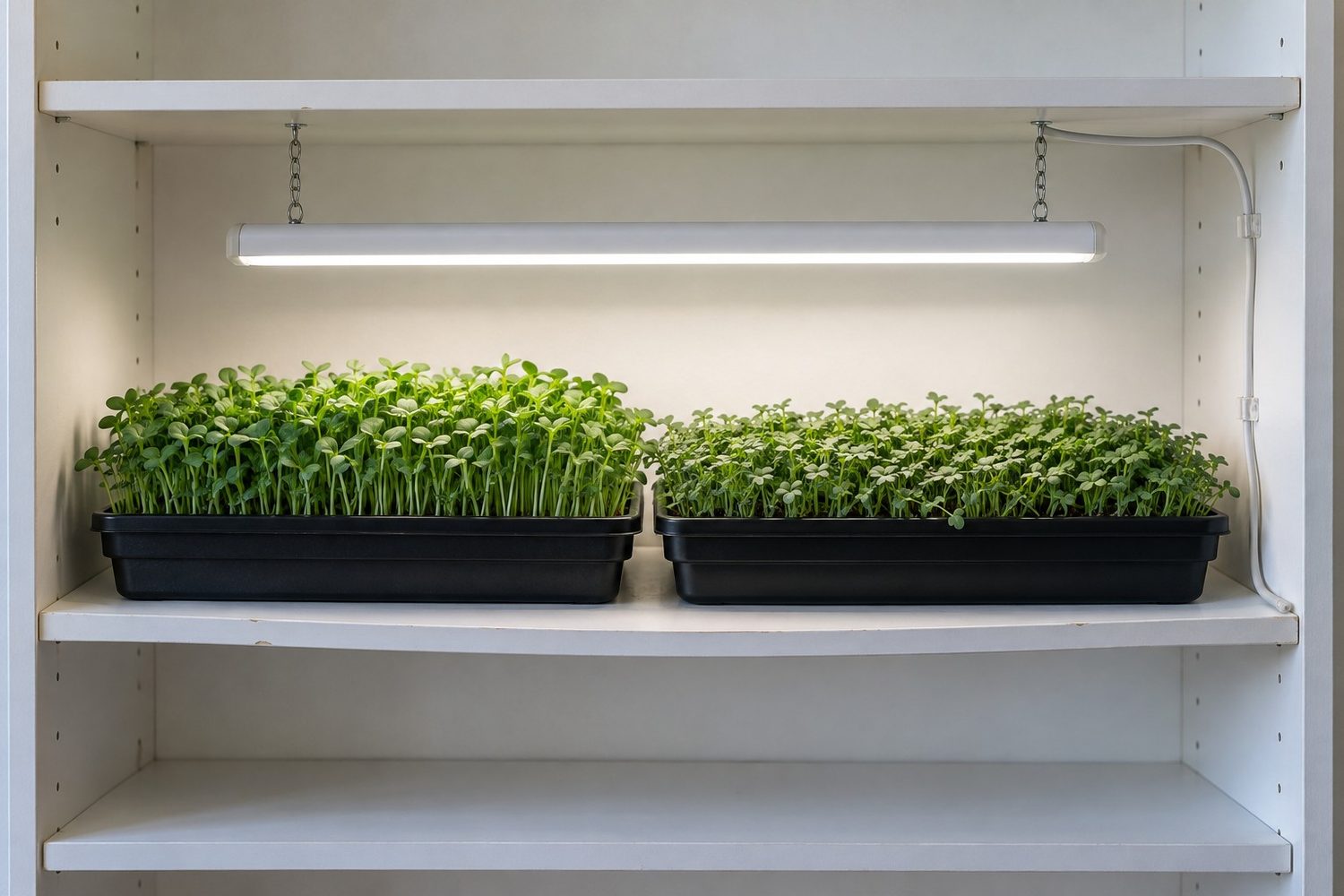 One shelf of a plain white bookcase holding two black shallow trays of green microgreens side by side under a single slim LED shop light hung from the shelf above, its cord running neatly down one side