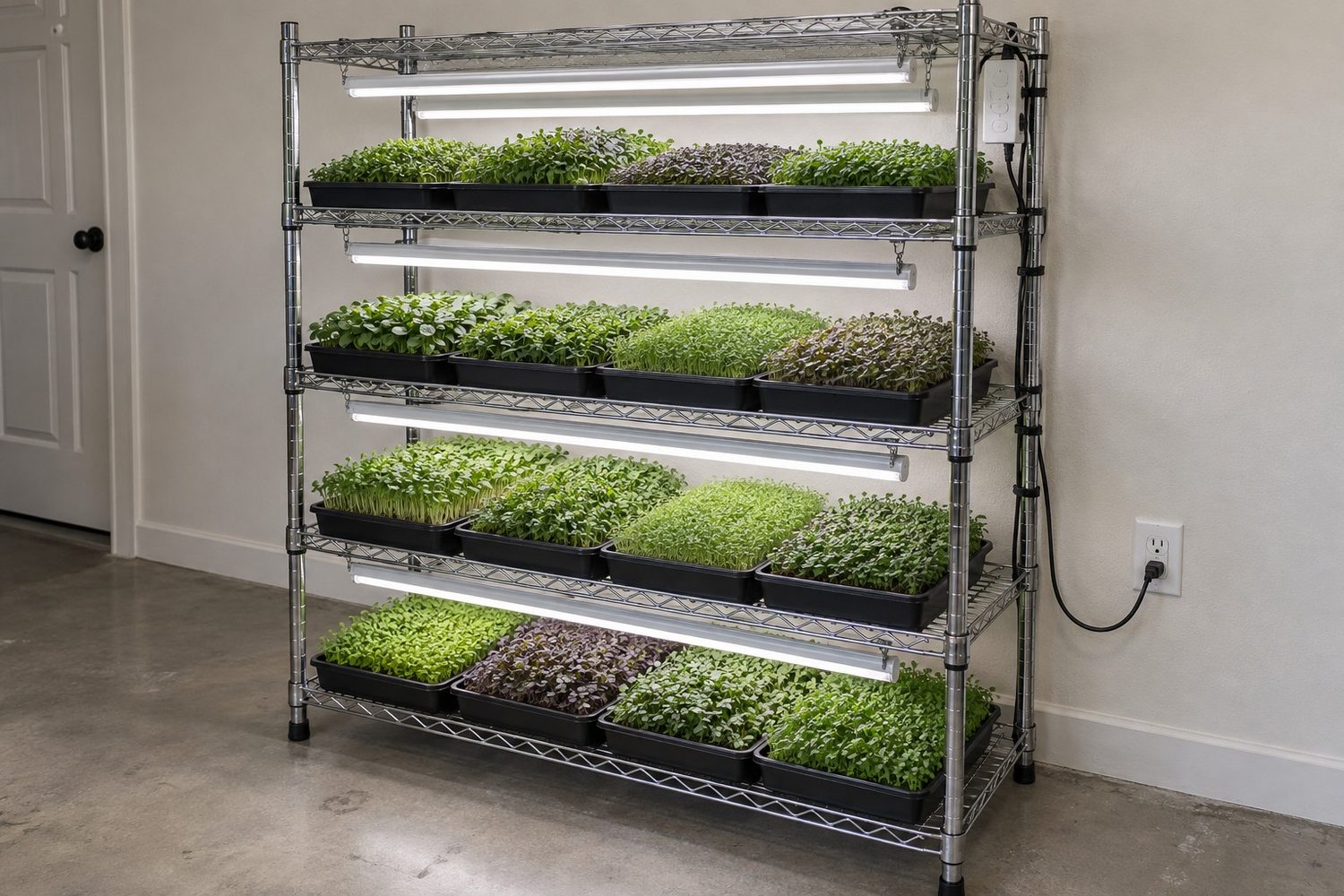 Chrome wire rack with four growing shelves, each holding four black trays of green microgreens under two slim LED tube lights, with a power strip mounted high on one upright and plugged into a wall outlet, in a clean dry room