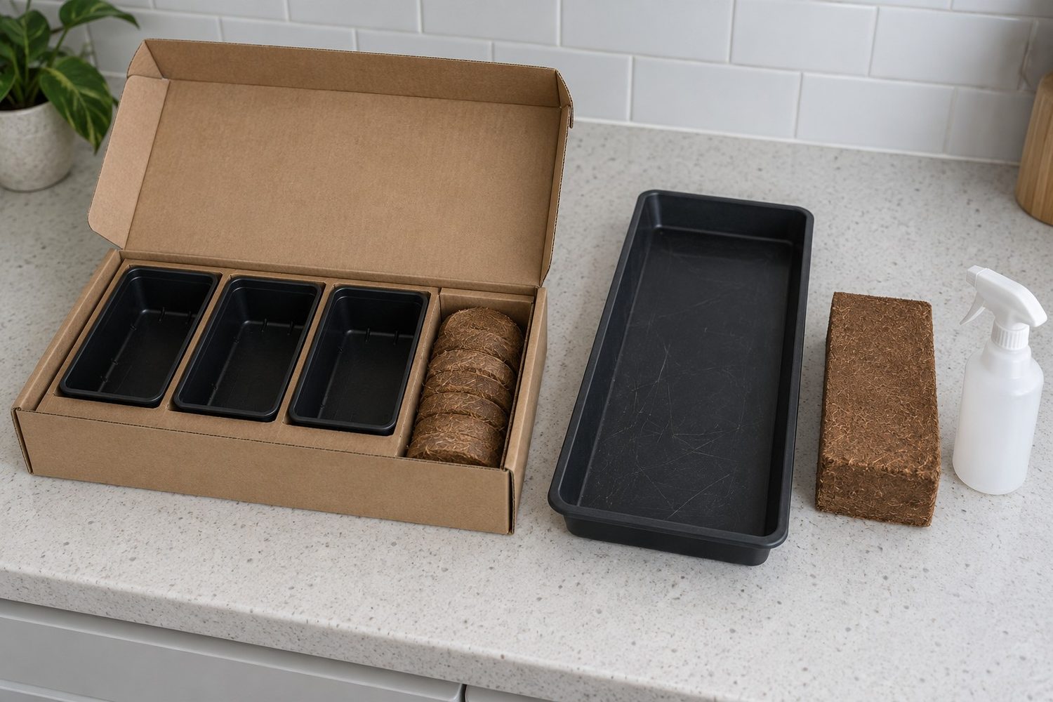 Opened plain brown cardboard microgreens starter kit on a kitchen counter showing small black trays and round coir disks, set beside a row of separate pieces: a black shallow tray, a compressed coir brick and a plain spray bottle