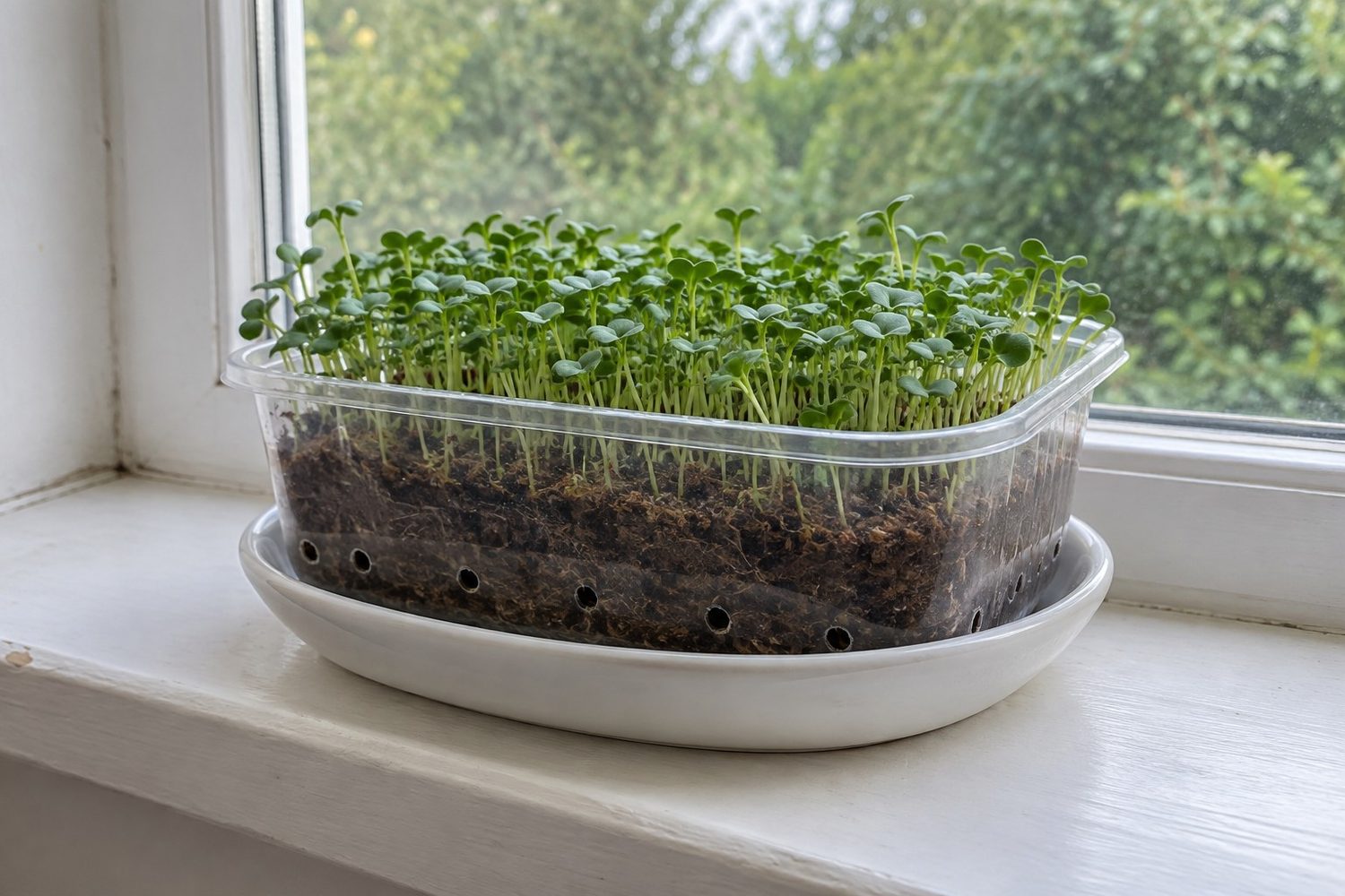 Reused clear plastic food container with small drainage holes sitting in a white saucer on a bright kitchen windowsill, holding a dense patch of green broccoli microgreens growing in brown coir
