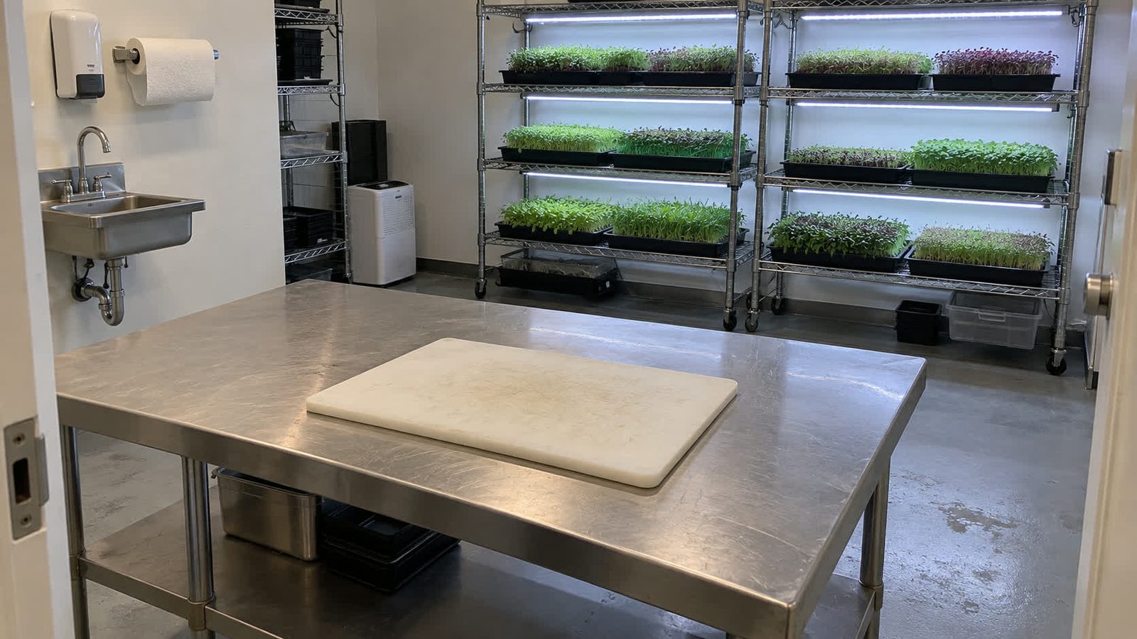 Small indoor microgreens grow room with a stainless steel harvest table and white cutting board, a wall mounted hand washing sink with soap dispenser and paper towel holder, and wire racks of trays under LED lights