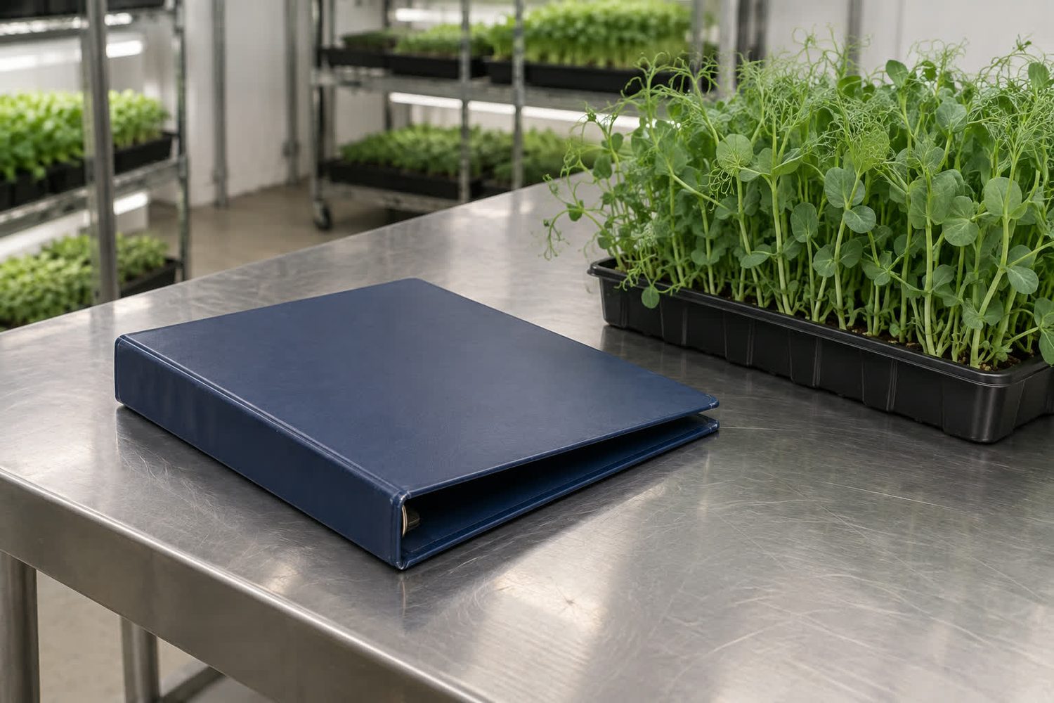 Closed plain dark blue three ring binder with a blank cover and spine lying on a stainless steel table beside a black tray of pea shoots
