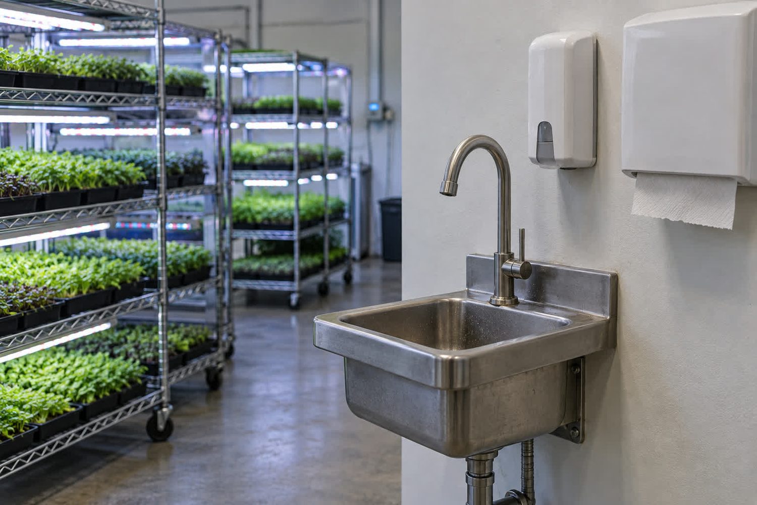 Small stainless hand washing sink with a gooseneck faucet on a clean wall, a plain soap dispenser and paper towel holder beside it, and racks of microgreen trays behind
