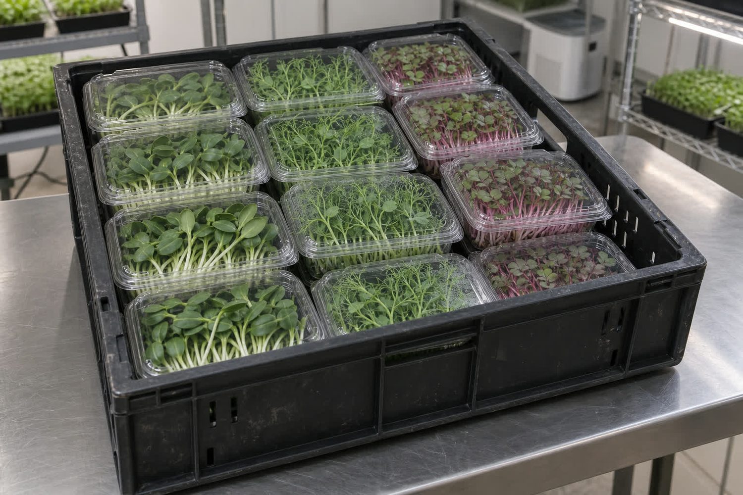 Plastic produce crate on a stainless steel table holding closed clear clamshells of sunflower, pea and radish microgreens, with no labels