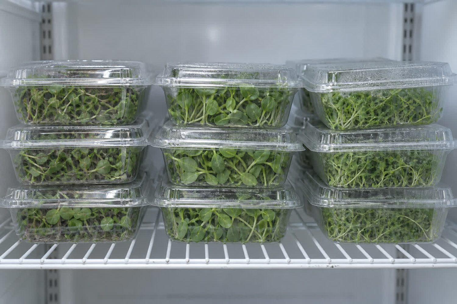 Shelf inside a clean refrigerator holding neat stacks of closed clear clamshell containers of cut microgreens, with no labels