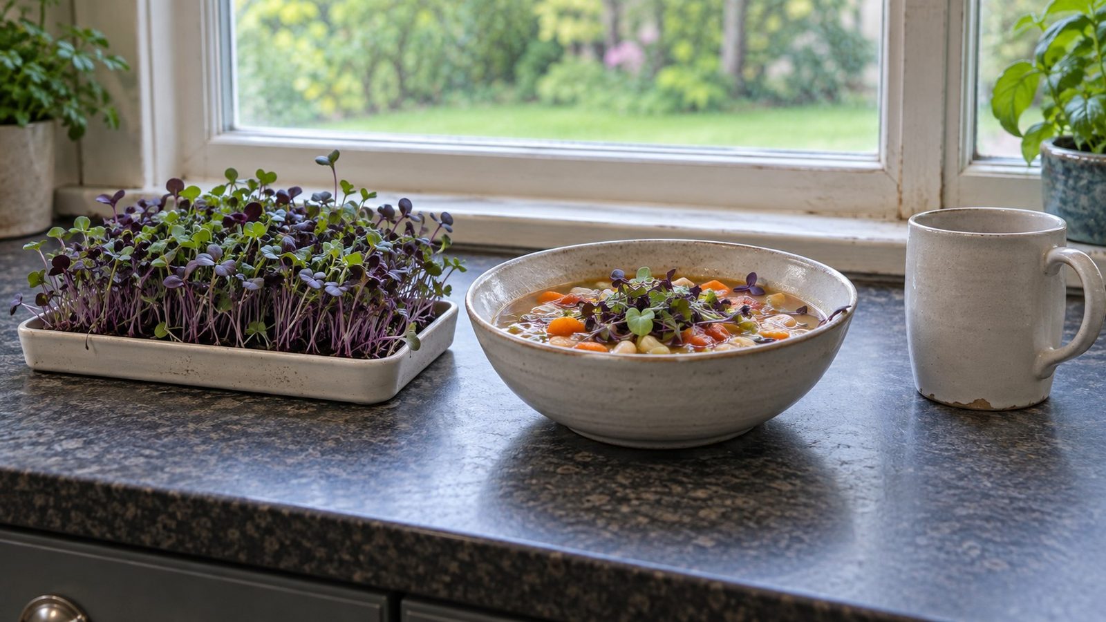 Kitchen windowsill at counter height with a small shallow tray of purple stemmed red cabbage microgreens next to a bowl of vegetable soup topped with a few microgreens and a sturdy mug