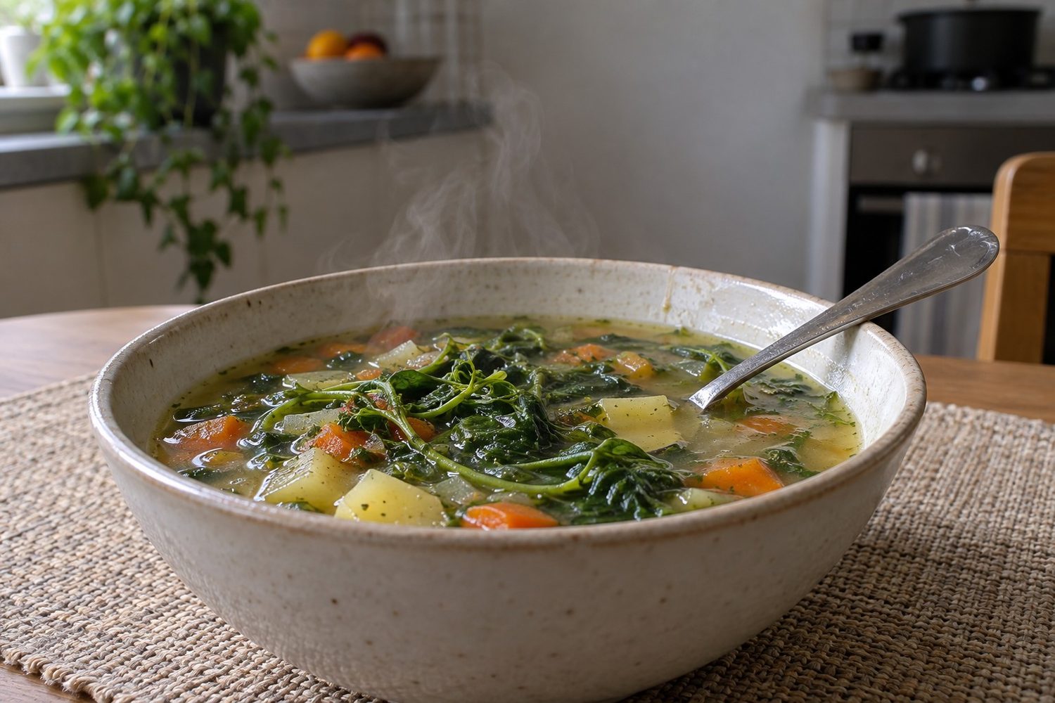 Steaming bowl of vegetable soup with soft wilted pea shoots stirred through it and a spoon resting in the bowl on a kitchen table