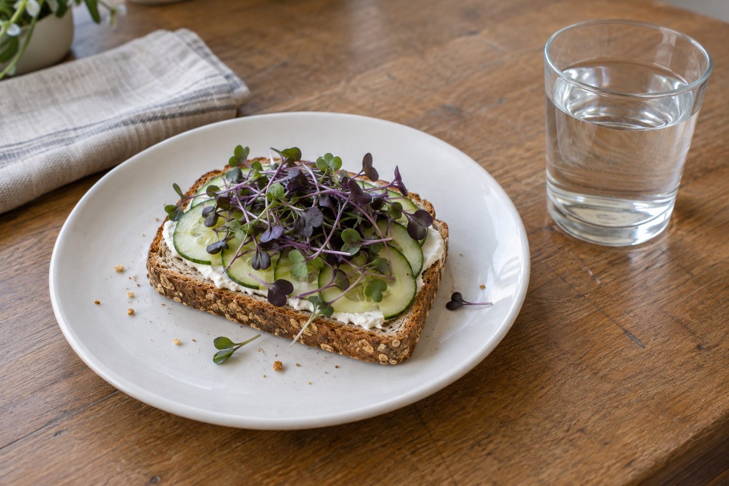 Open face sandwich on a white plate topped with a small handful of purple and green red cabbage microgreens beside a glass of water on a wooden kitchen table