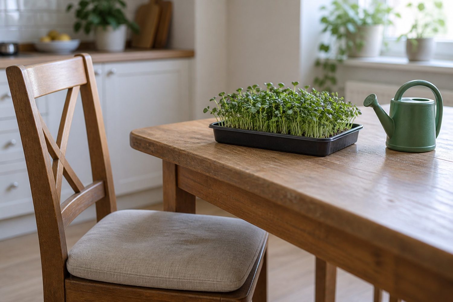 Small lightweight tray of green microgreens on a kitchen table next to a cushioned chair pulled up to the table and a small plastic watering can