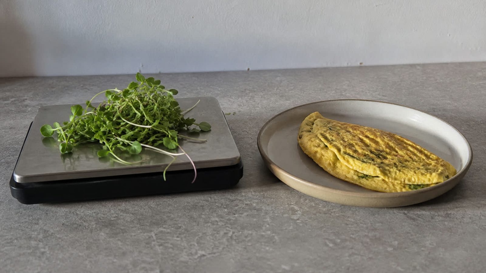 A small digital kitchen scale on a worktop carrying a loose pile of cut green microgreens on its platform, the scale turned so its display faces away from the camera, with a plated omelette on the worktop beside it, photographed level with the worktop in flat daylight