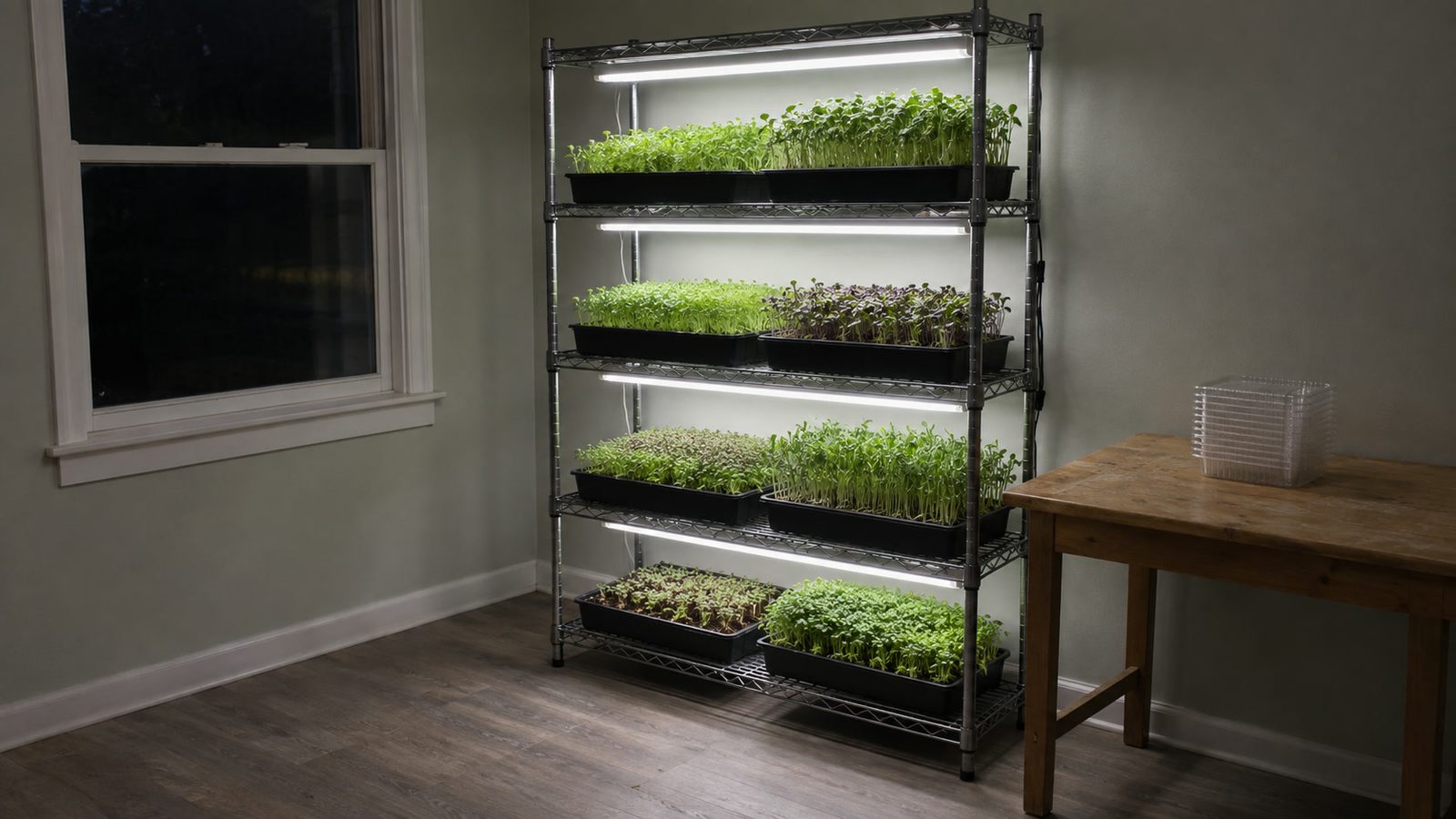 Corner of a spare room at night with a wire rack of microgreen trays lit by LED shop lights and a small table beside it holding a stack of empty clear clamshells