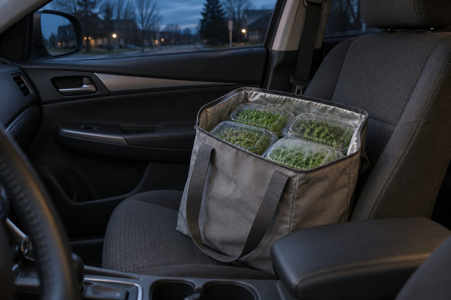 Plain gray insulated tote bag with closed clear clamshells of microgreens inside, sitting on the passenger seat of a parked car at dusk