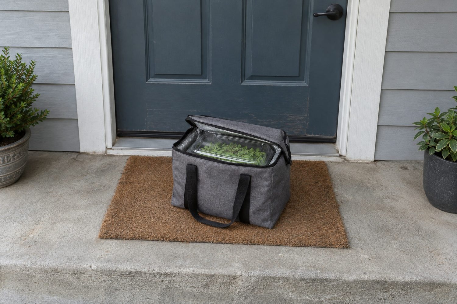 Plain insulated delivery bag of microgreens resting on a clean plain doormat beside a closed front door