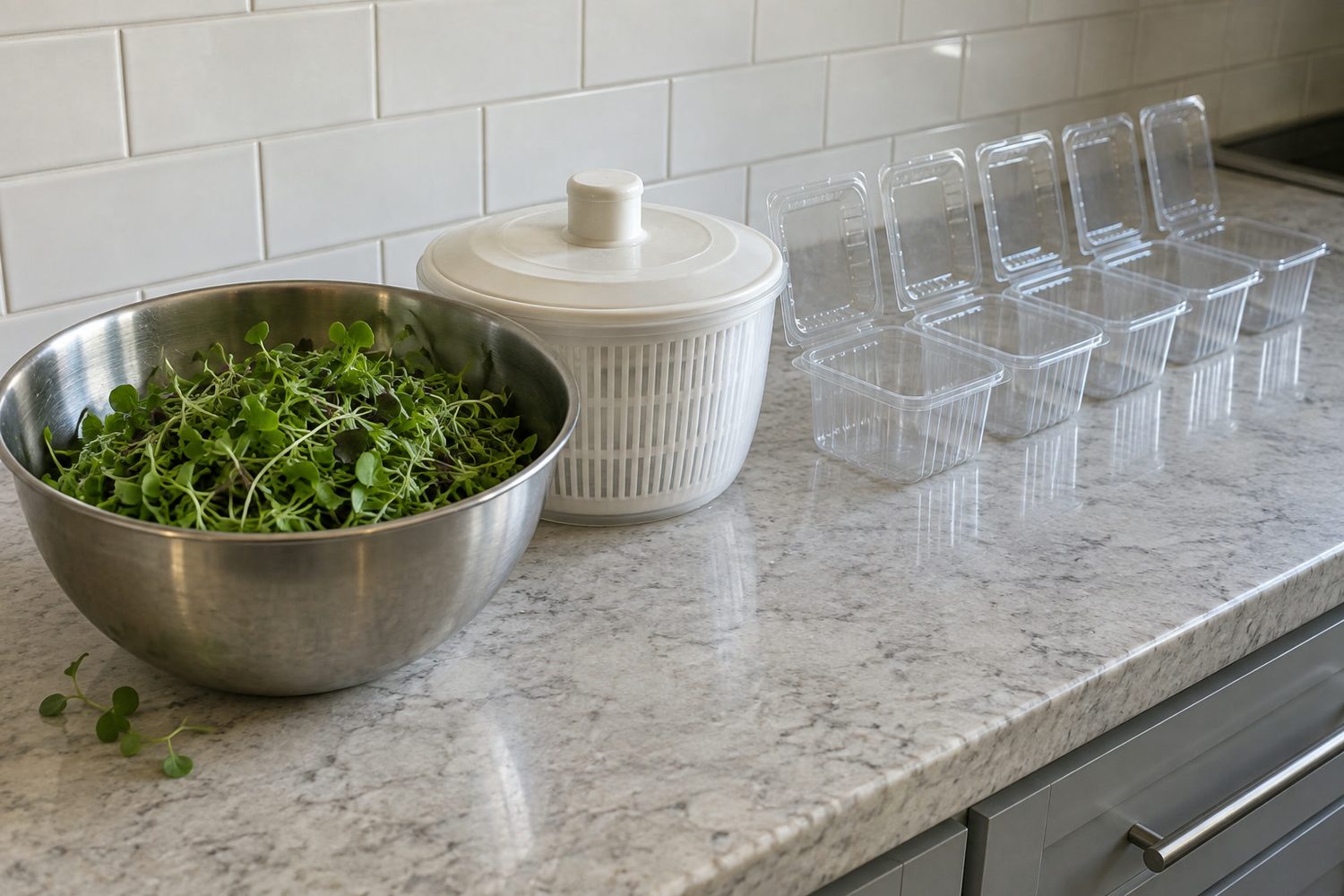 Stainless steel bowl of freshly cut microgreens beside a salad spinner and a row of empty open clear clamshells on a kitchen counter