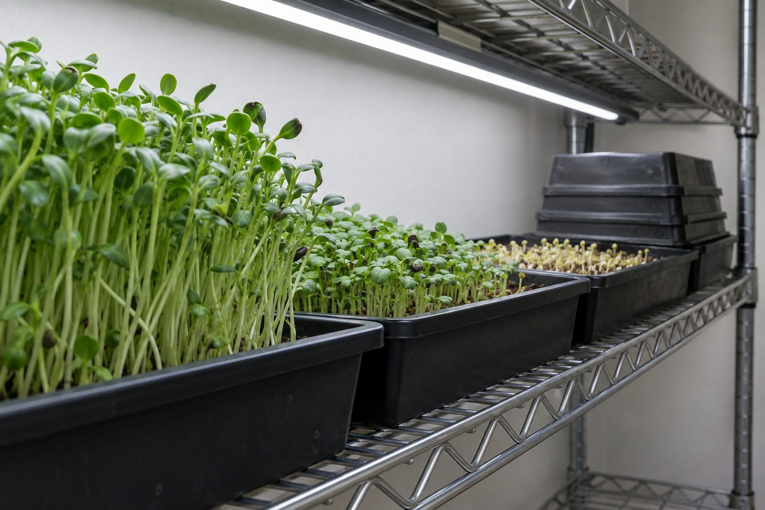 One shelf of a grow rack with trays of microgreens at different heights and a short stack of upside down black trays sitting on a freshly sown tray at one end