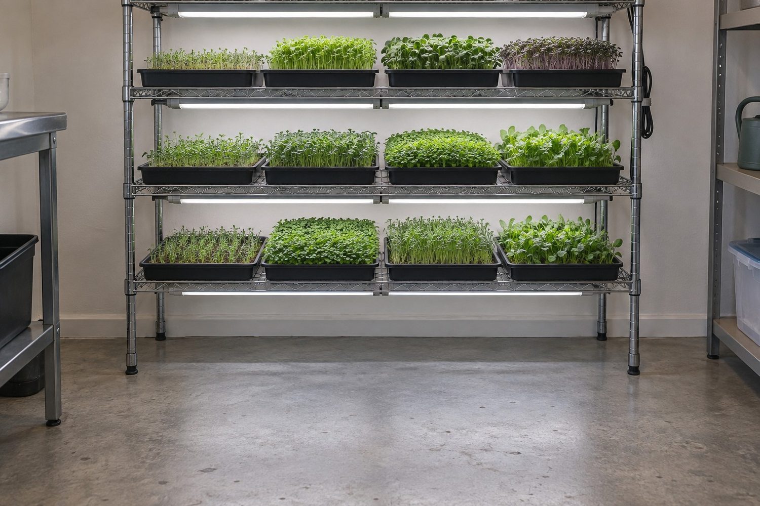 Four level wire shelving rack with four black trays of green microgreens on each shelf under slim LED lights, with open floor space in front
