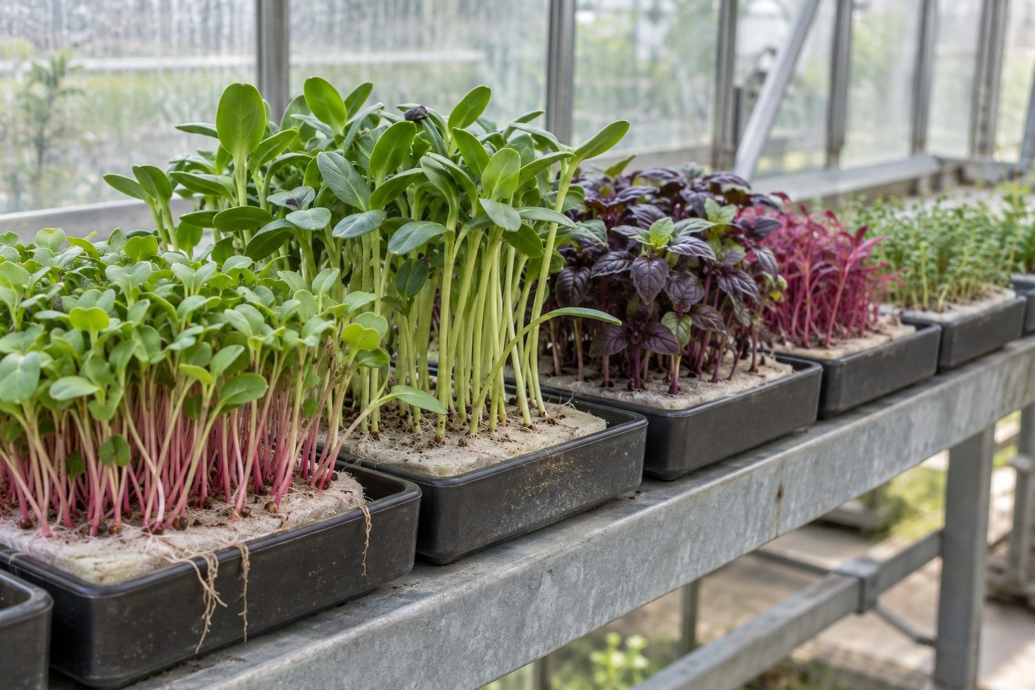 Row of small square trays on a greenhouse bench, each with a felt mat growing a different microgreen crop at a visibly different height and density