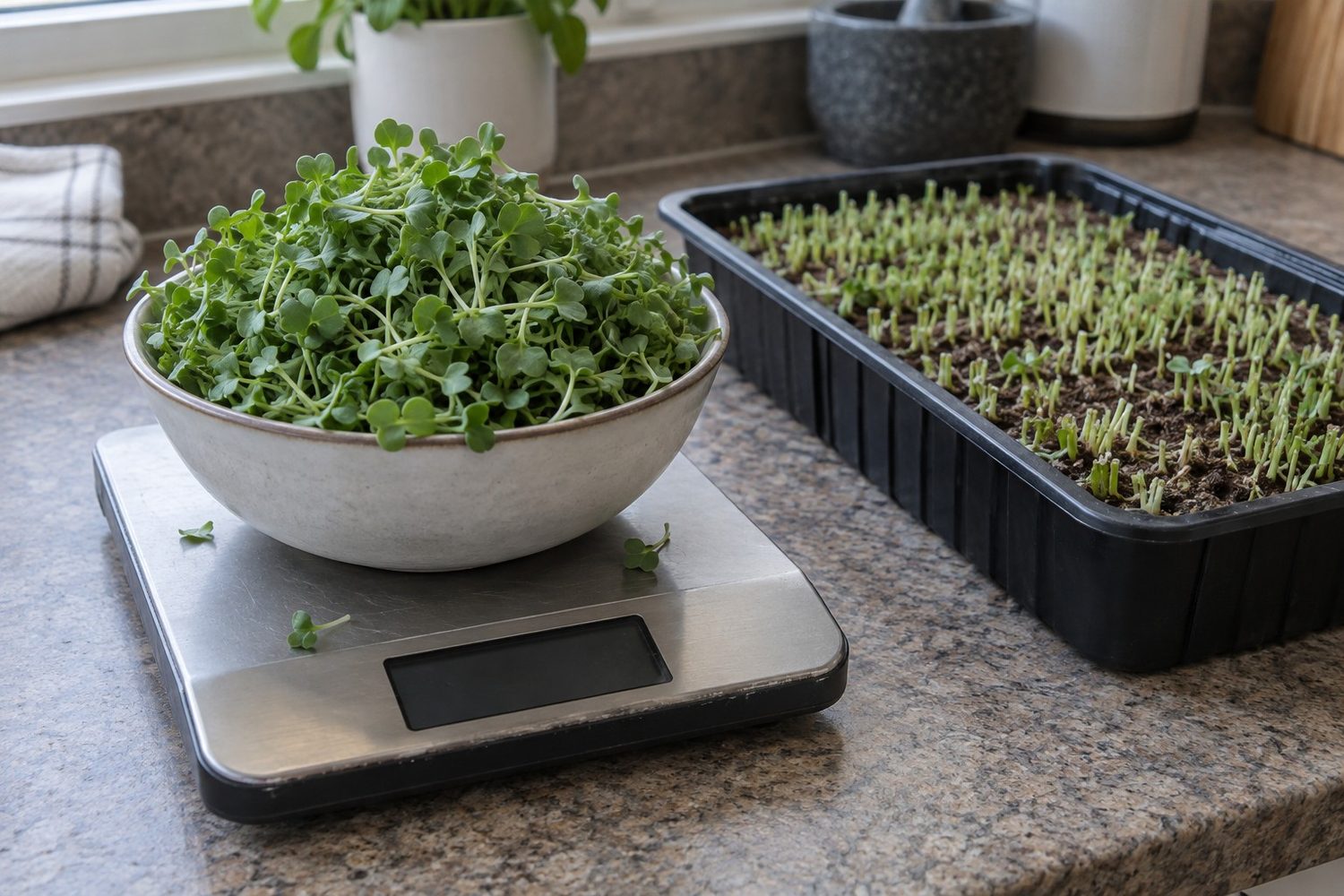 Bowl of freshly cut broccoli microgreens on a flat digital kitchen scale with a blank display, the cut tray with short stubs beside it