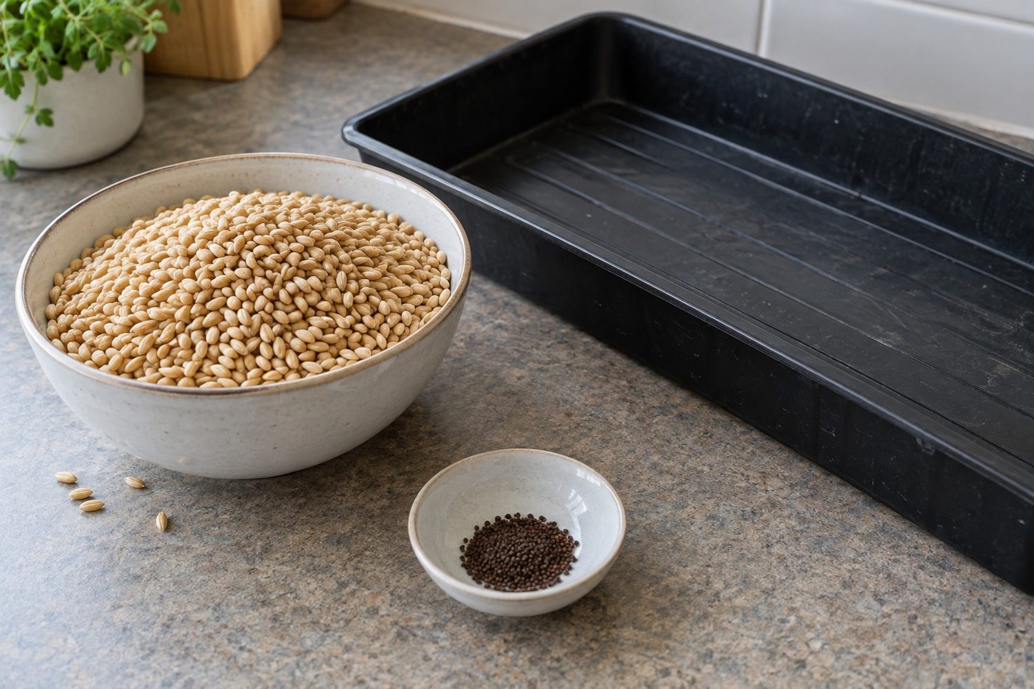 Wide bowl heaped with pale barley grain next to a tiny dish holding a small pinch of dark sorrel seed, beside an empty 10 by 20 inch tray