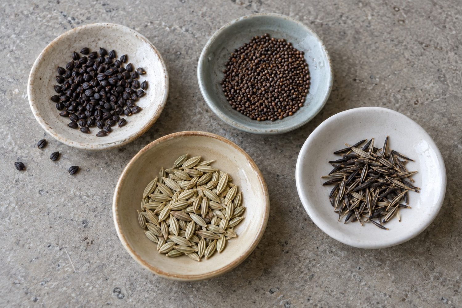 Four small shallow dishes of specialty seed seen from above: small dark sorrel seed, round brown shiso seed, ribbed pale fennel seed and long thin dark marigold seed