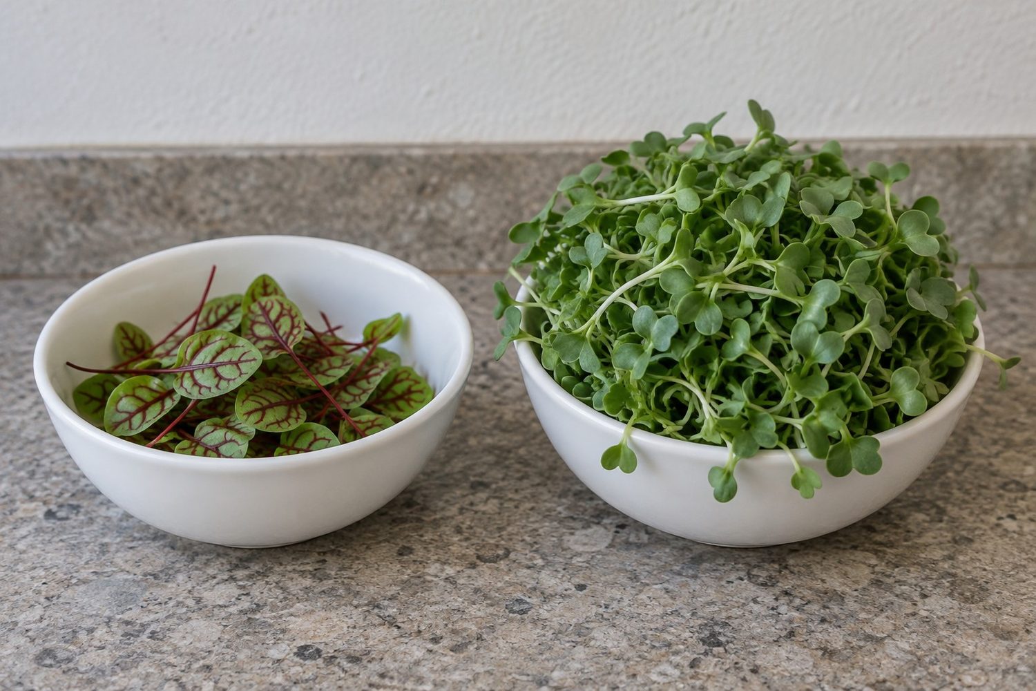 Two matching white bowls, one with a small loose portion of red-veined sorrel microgreens and one heaped with about four times as much broccoli microgreens
